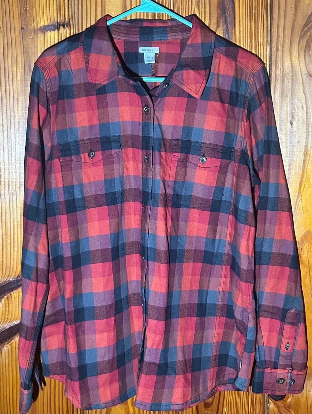 Carhartt Women’s Red Plaid Flannel Long Sleeve Button Up Size Large 12-14